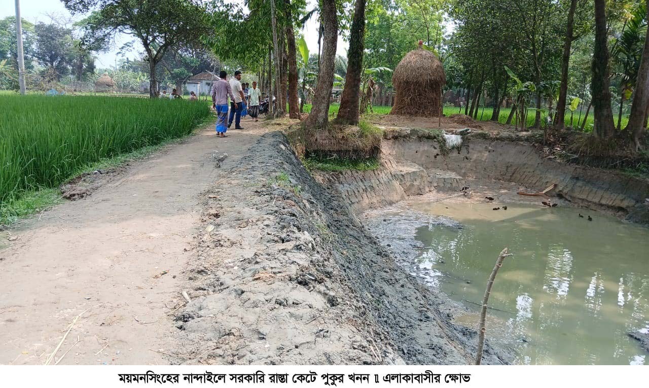 নান্দাইলে সরকারি রাস্তা কেটে পুকুর খনন,এলাকাবাসীর ক্ষোভ