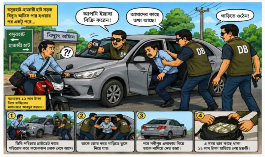 নোয়াখালীর কোম্পানীগঞ্জে ডিবি পরিচয়ে ব্যাংক কর্মকর্তাকে গাড়িতে তুলে ১২ লাখ টাকা ছিনতাই